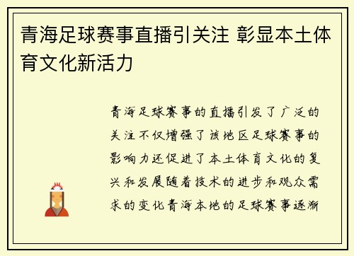 青海足球赛事直播引关注 彰显本土体育文化新活力